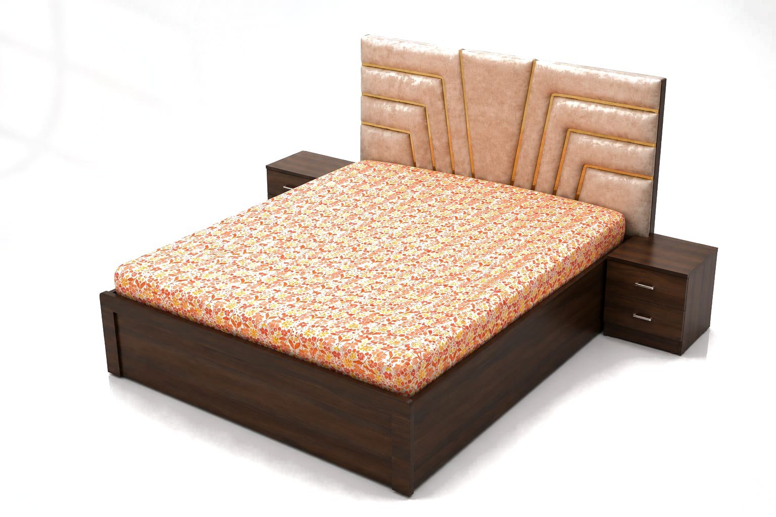 Solace King Bed, espresso walnut laminate with brass detail