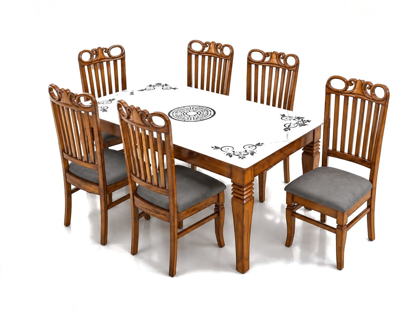 Lyra Dining Set, honey teak polish, grey upholstery
