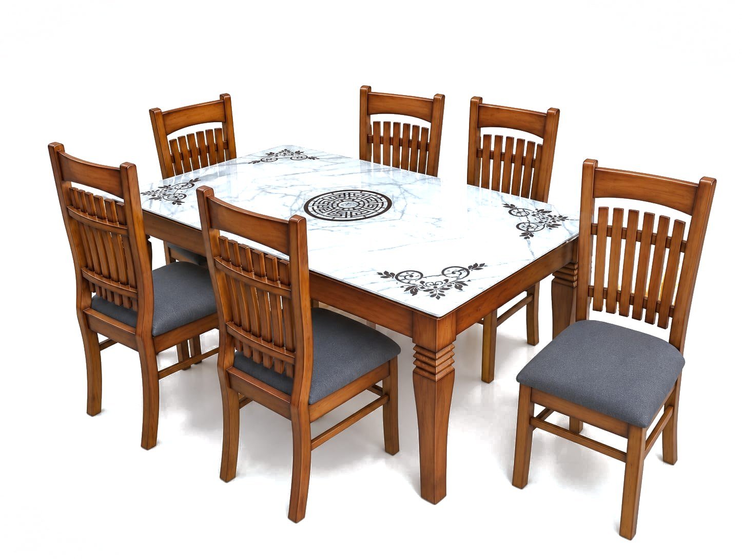 Verona Dining Set, honey teak polish, grey upholstery