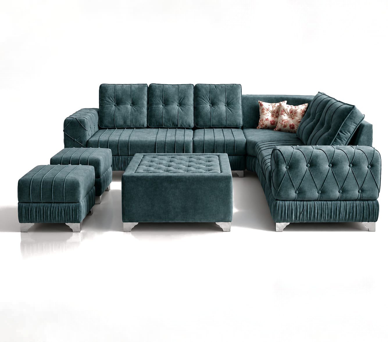 Marisol U-Sectional, teal crushed velvet, polished chrome legs