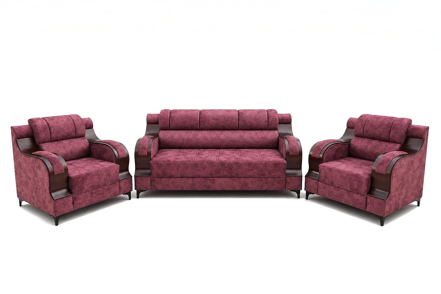 Regalia 3+1+1 Sofa Set, maroon damask, rosewood polish